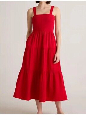 Quince Red Smocked Tiered Midi Dress Size Medium